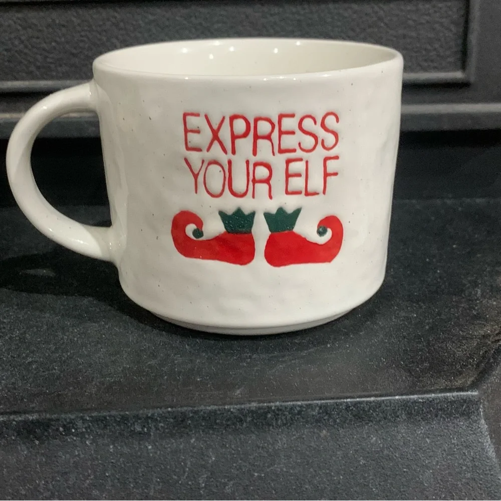 Crate & Barrel Express Your Elf Large Christmas Ceramic Mug Cup White Brand New